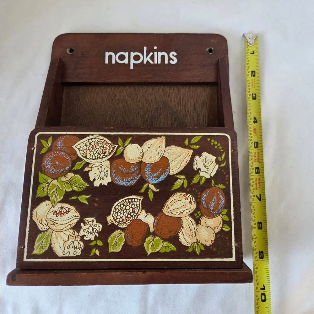 Vintage Wooden Napkin Holder Wall Mount Cottagecore Country Kitchen Floral Fig